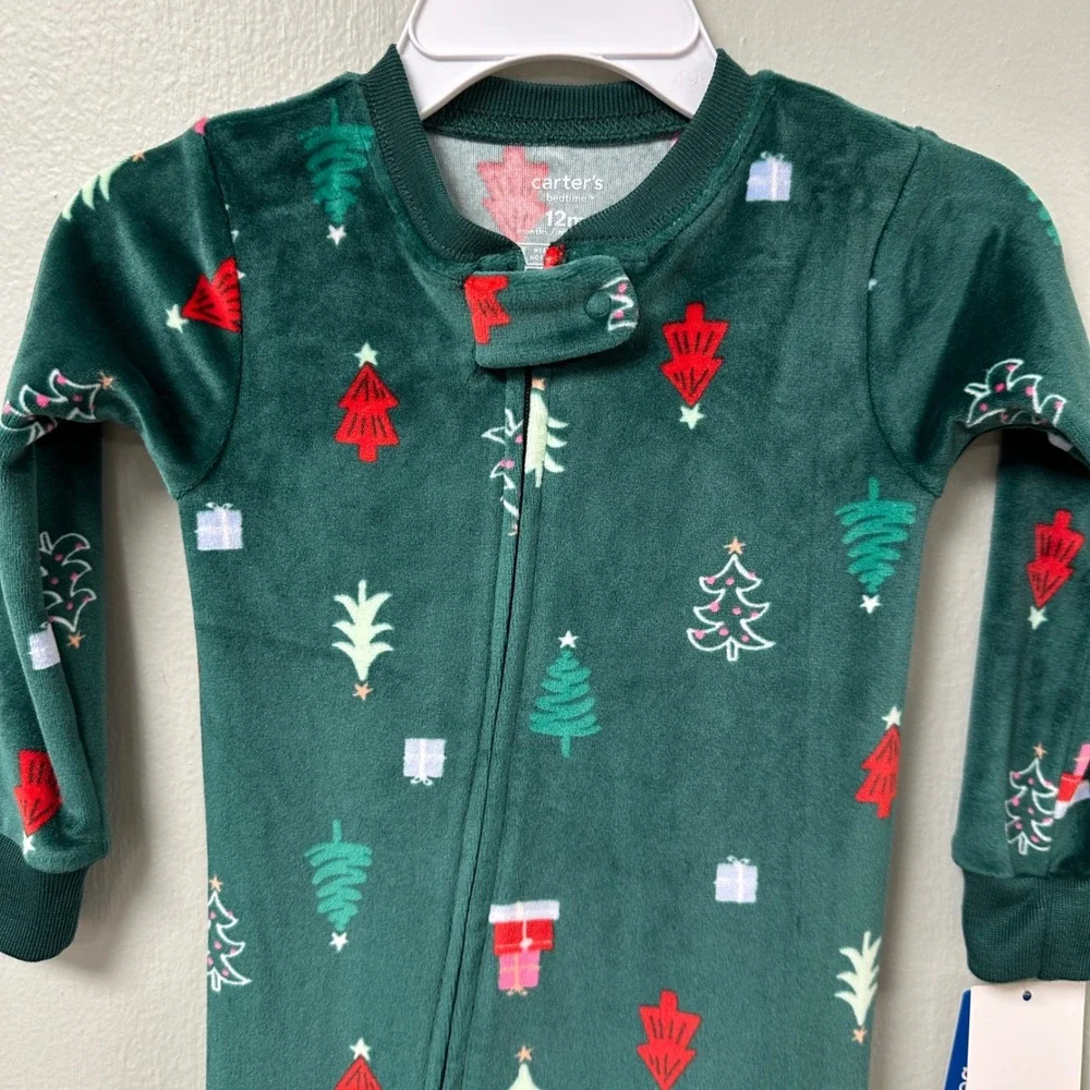 Carters Bedtime 12M Green Christmas Tree Fleece Footed Pajamas NWT